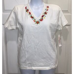 LizSport White V Neck Embroidered Floral T Shirt Shoulder Pads Vintage NWT S